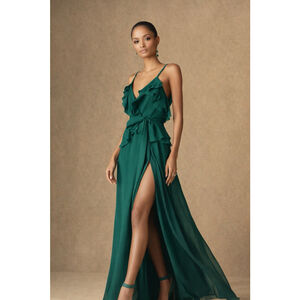 NWT Elie Saab Runway Pine Green Ruffle Silk Maxi Dress FR 38 Tie Waist High Slit